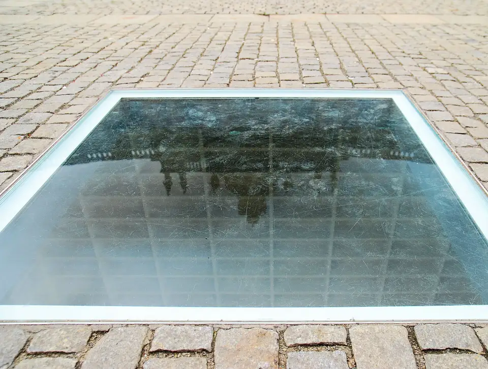 The glass pane of the book-burning memorial