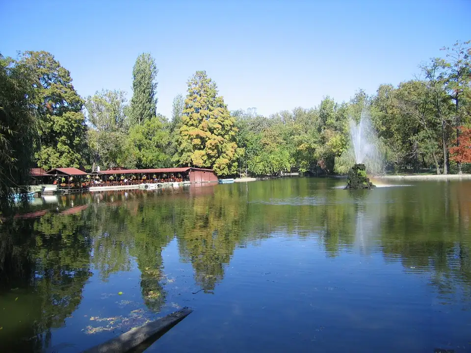 Lago del parque Cișmigiu rodeado de árboles, con una fuente en el centro