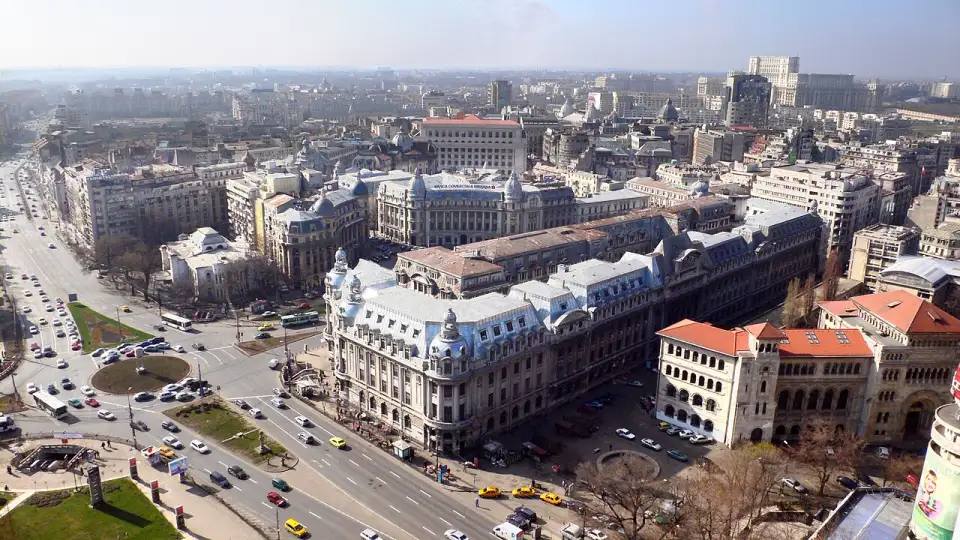 Aerial view of central Bucharest with its avenues and early 20th-century buildings