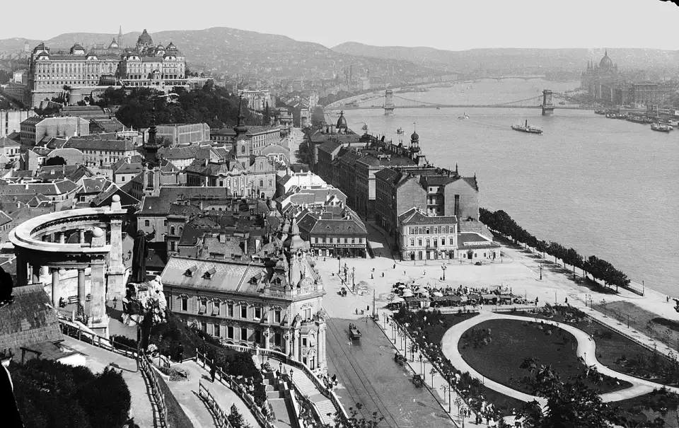 Old photograph of Budapest from Gellért Hill with the statue of St Gerard