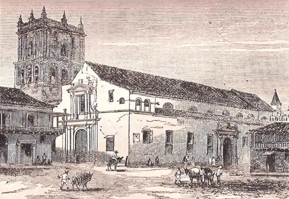 Old engraving of Cartagena Cathedral with its colonial tower