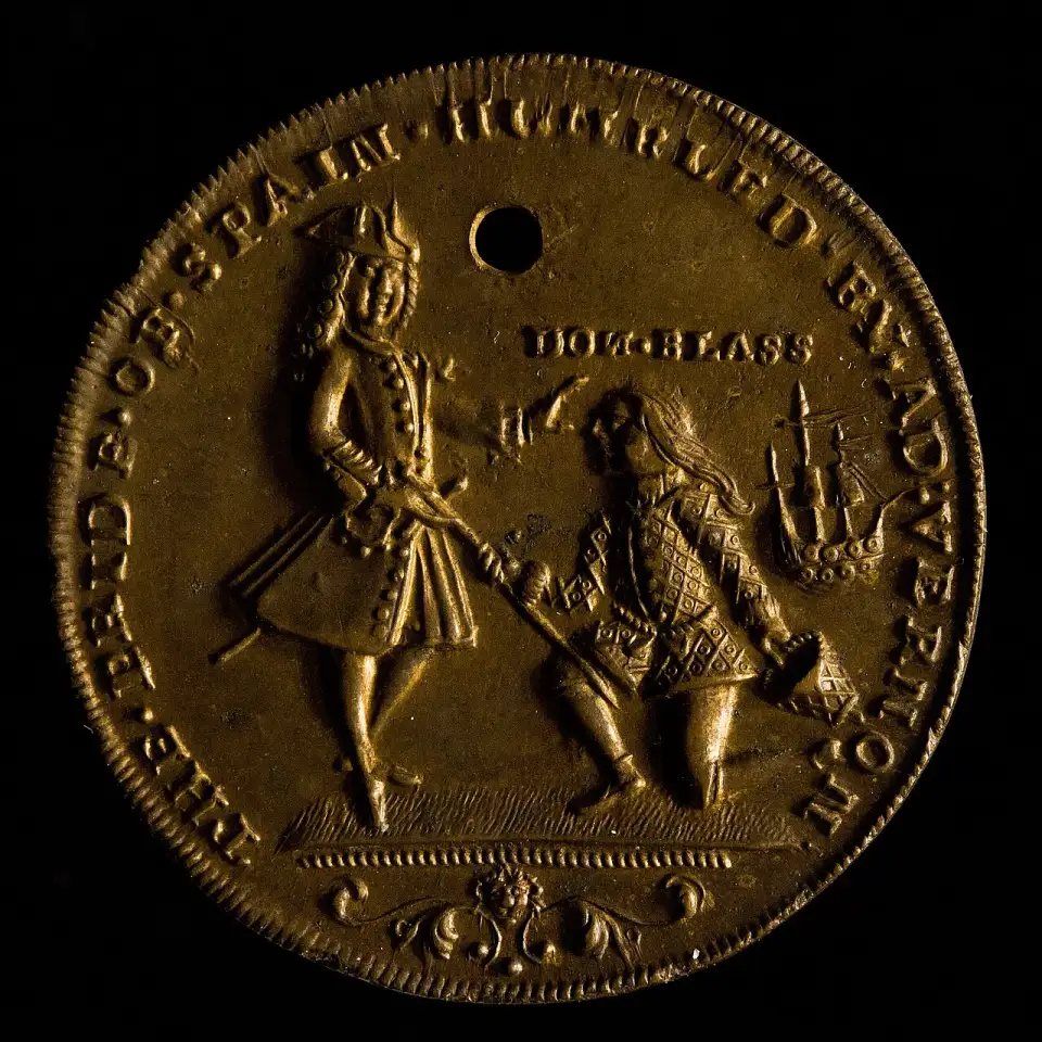 Médaille anglaise de 1741 montrant Blas de Lezo agenouillé devant Vernon
