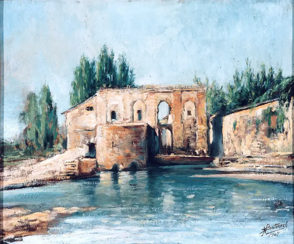 Peinture du moulin de l’Albolafia en ruine au bord du fleuve, avec des cyprès derrière