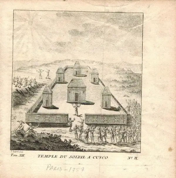 Grabado europeo del templo del Sol de Cusco publicado en 1757