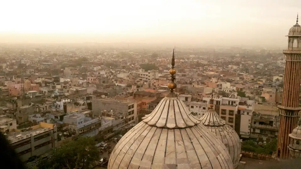 Vista de la Vieja Delhi desde un minarete de la Jama Masjid, con una cúpula de mármol en primer plano