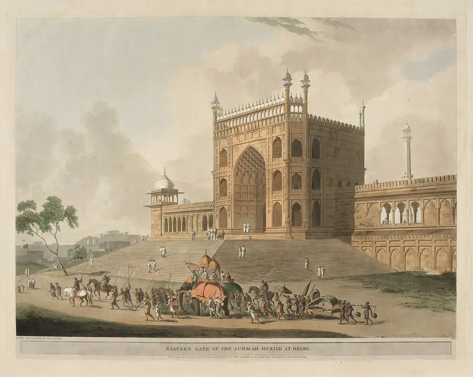 Gravura antiga do portão leste da Jama Masjid com uma procissão