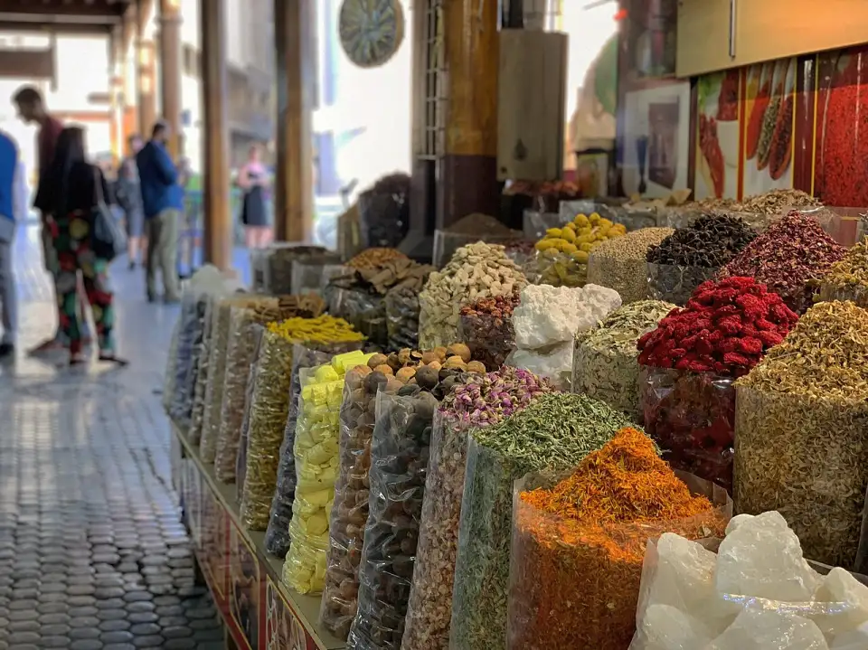Sacks of spices, dried flowers and resins in Deira’s Spice Souk