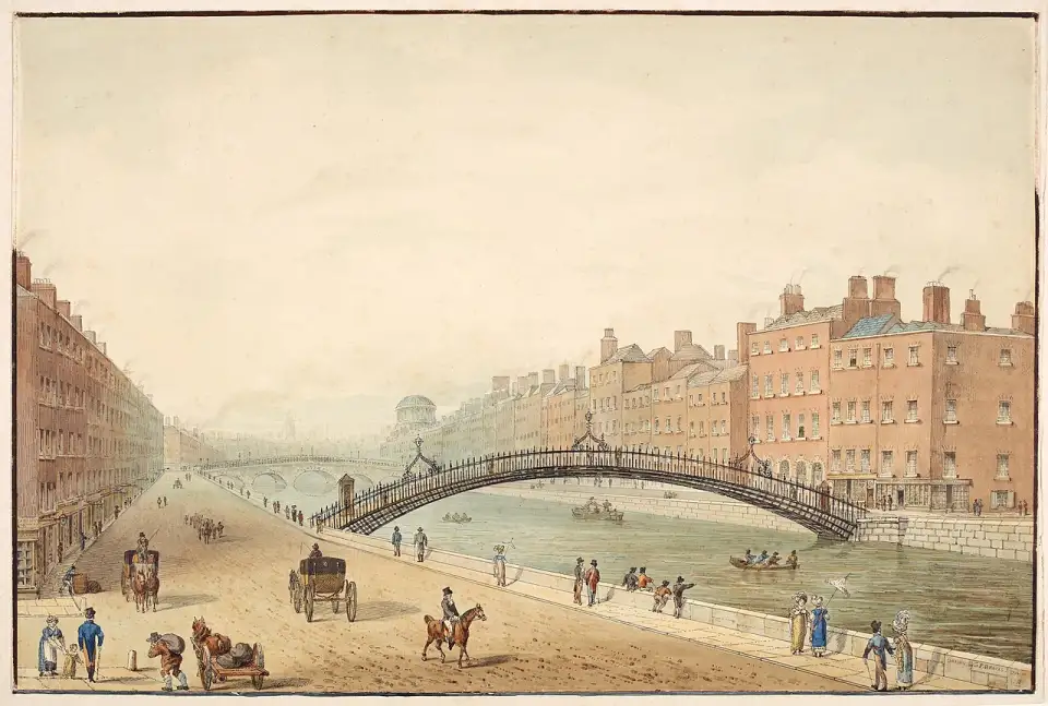 Frühes Aquarell der Ha'penny Bridge und der Kais am Liffey