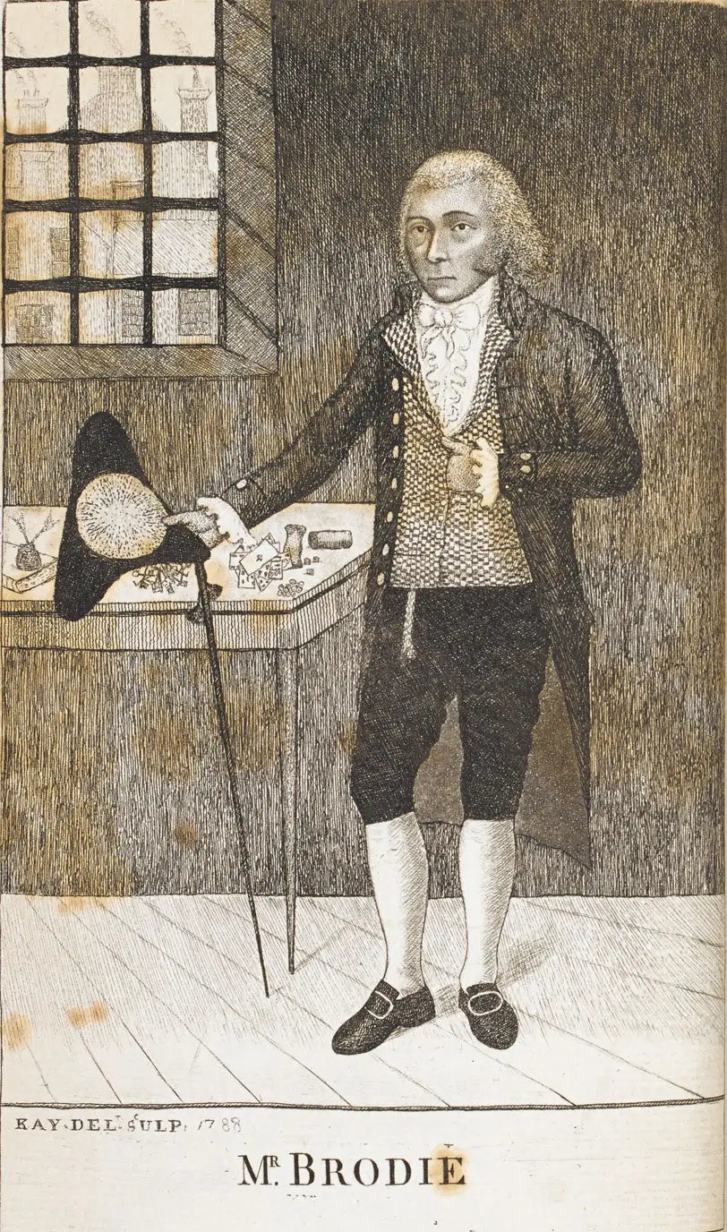 Gravura de 1788 de William Brodie em pé ao lado de uma mesa