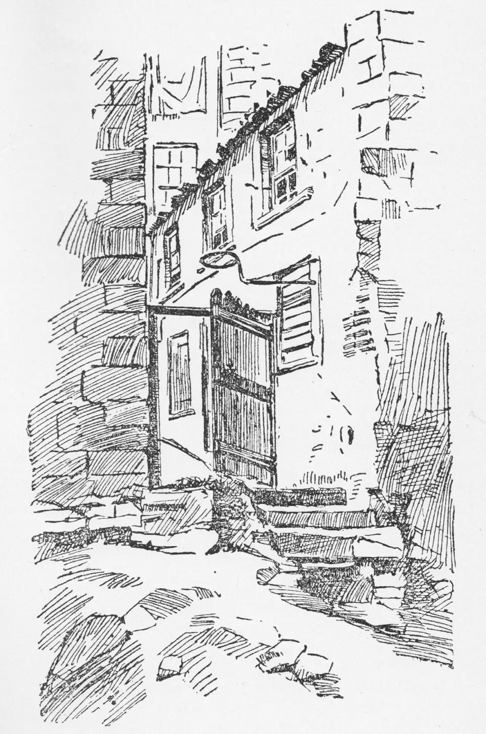 Desenho antigo da pensão de Hare em Tanner's Close
