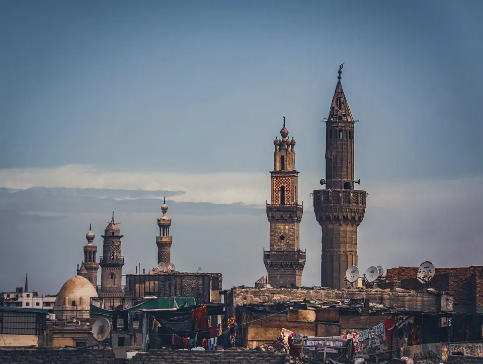 Mamluk minarets of Islamic Cairo rising above the rooftops