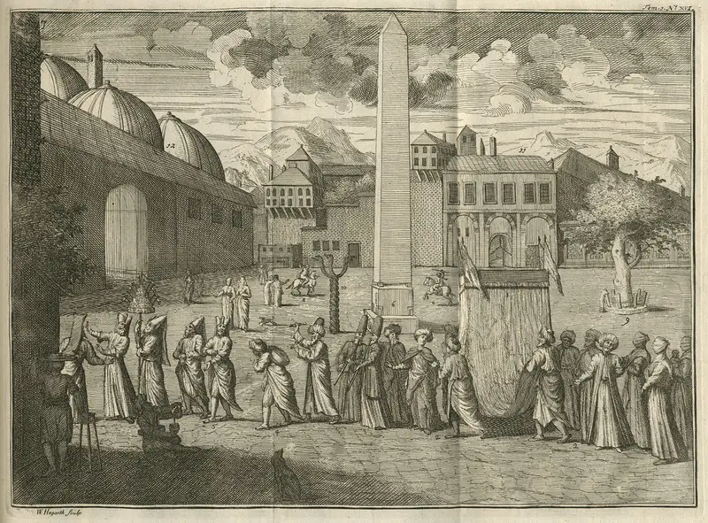 1727 engraving of the Hippodrome square with the obelisk and the Serpent Column