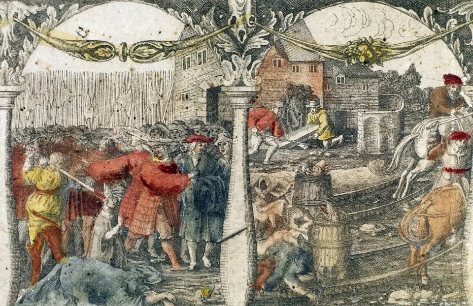 Alter handkolorierter Stich mit Szenen der Hinrichtungen beim Stockholmer Blutbad