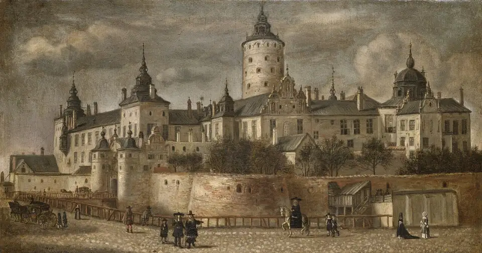 Pintura do século XVII do castelo de Tre Kronor visto da água