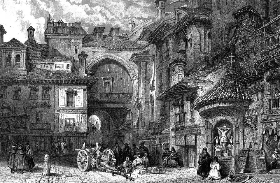 Incisione ottocentesca dell’Arco de las Orejas in Plaza de Bib-Rambla, con carri e popolani
