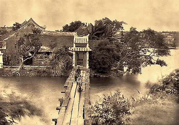 Old photograph of the wooden bridge to Ngọc Sơn Temple