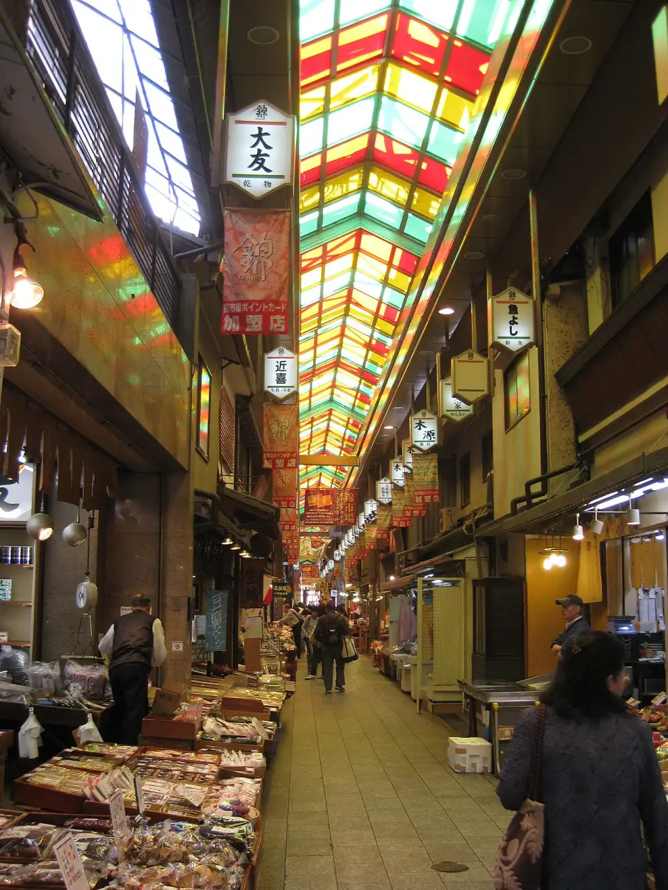 Nishiki Market, a narrow street of food shops under a colourful roof