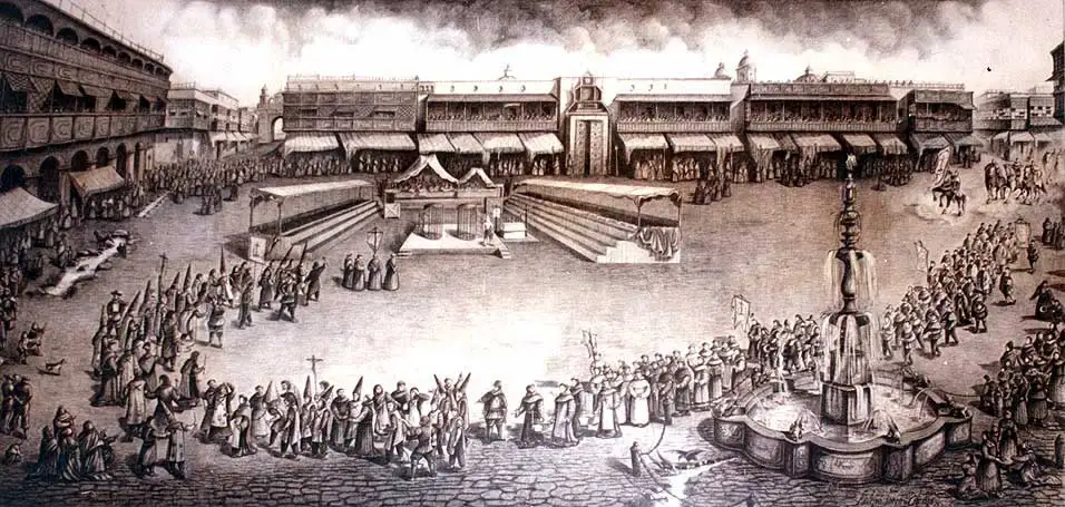 Grabado antiguo de un auto de fe en la Plaza Mayor de Lima