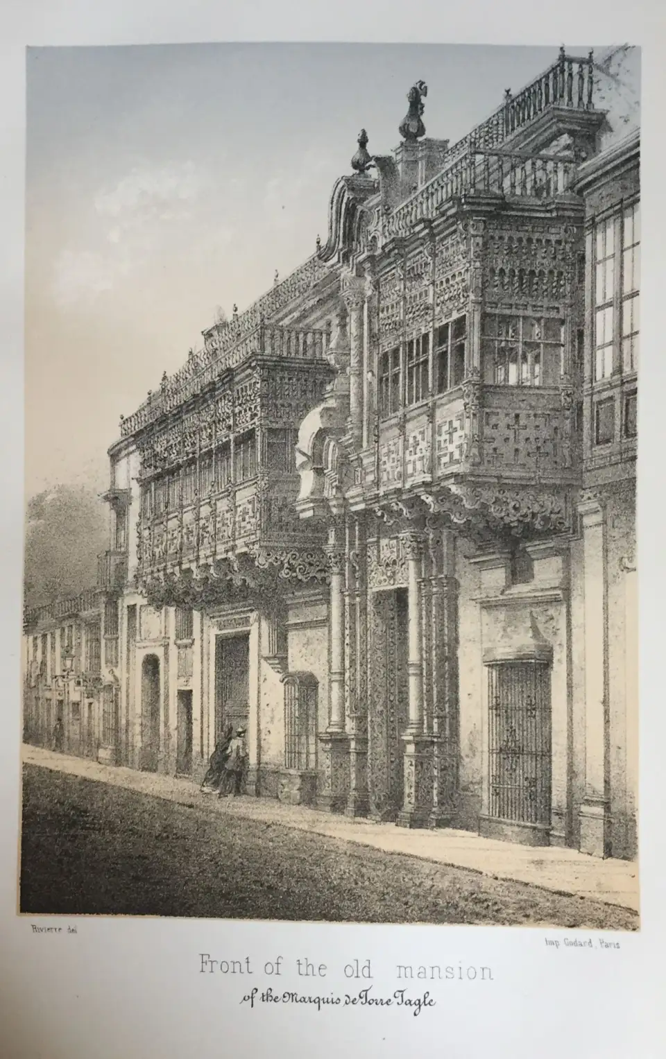 Grabado del siglo XIX de la fachada del Palacio de Torre Tagle
