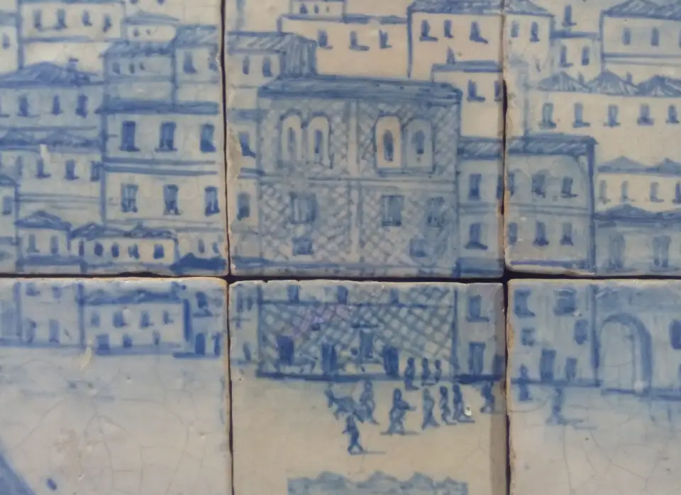 La Casa dos Bicos con sus pisos originales en el Gran Panorama de Lisboa en azulejos