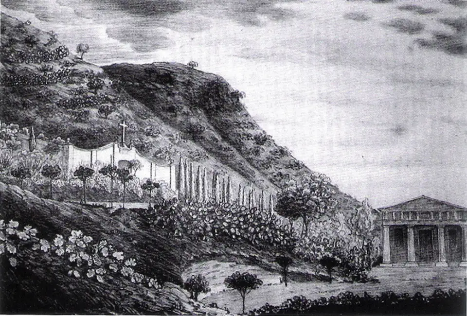 Gravura antiga do Cemitério Inglês de Málaga na encosta