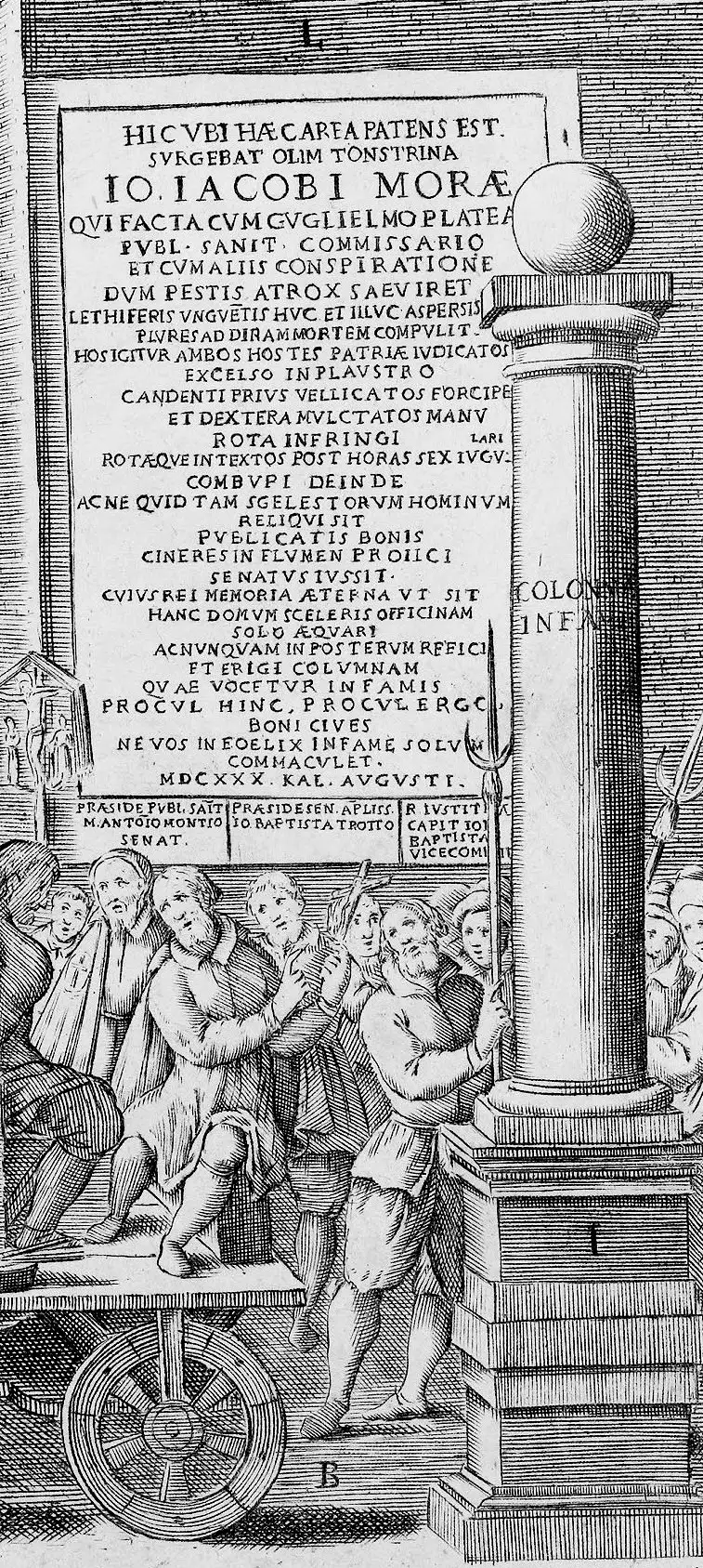 Gravura do século XVII com a Colonna Infame e a lápide da sentença