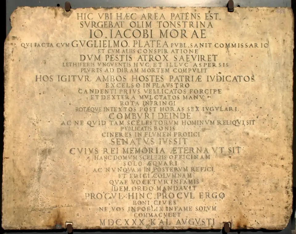 Lápide em latim de 1630 que mandava erguer a Colonna Infame