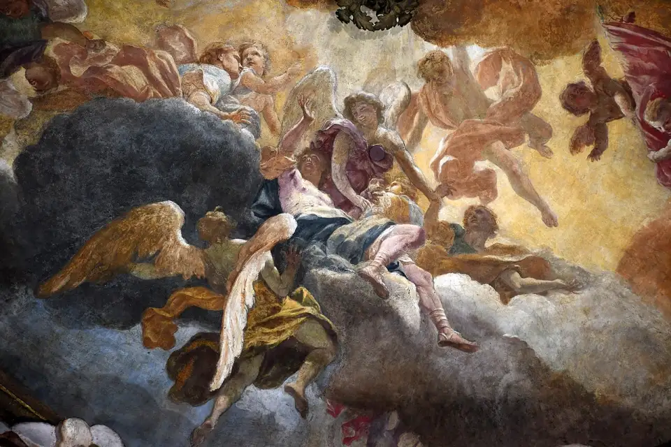 Fresco by Sebastiano Ricci with angels and souls on the ossuary vault