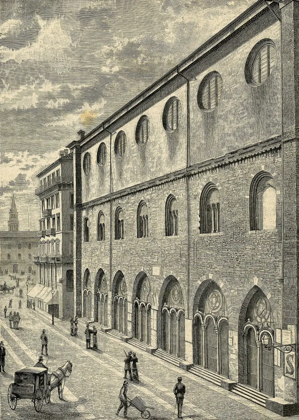 1887 engraving of Palazzo della Ragione on Piazza dei Mercanti