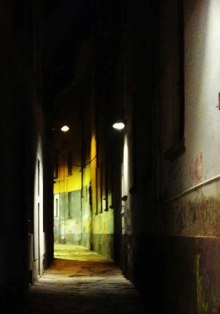 Very narrow alley of Via Bagnera lit by street lamps