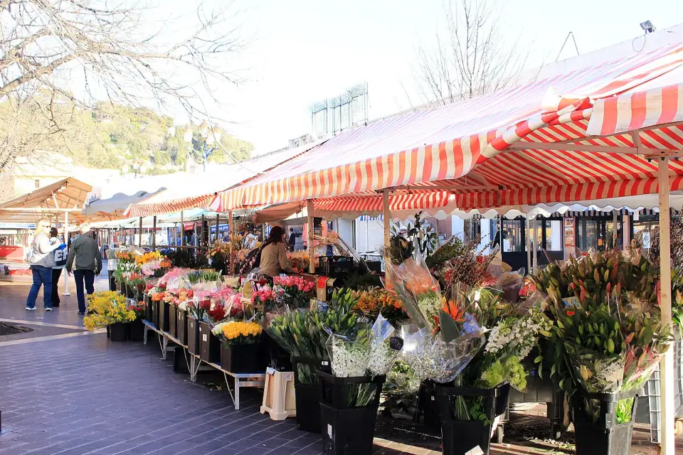 Blumenstände unter den Markisen des Marktes auf dem Cours Saleya