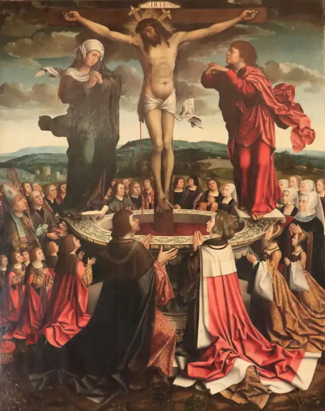 Painel do Fons Vitae com Cristo crucificado e a família de Manuel I ajoelhada