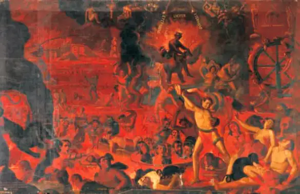Colonial painting of Hell with the damned among flames