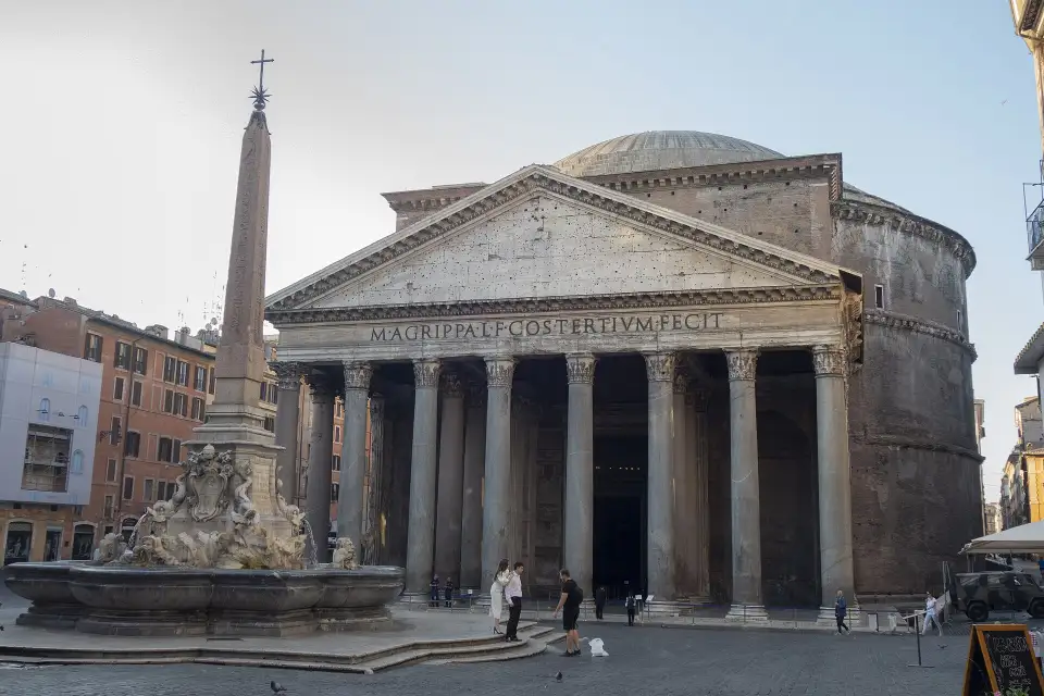The portico of the Pantheon with the fountain and obelisk of Piazza della Rotonda