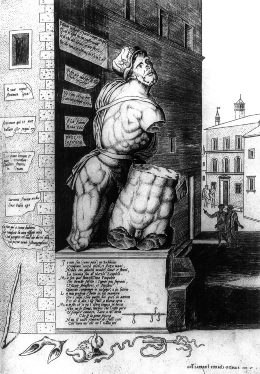 Grabado del siglo XVI de la estatua de Pasquino cubierta de versos