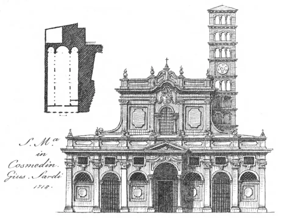 Engraving of the Baroque façade of Santa Maria in Cosmedin