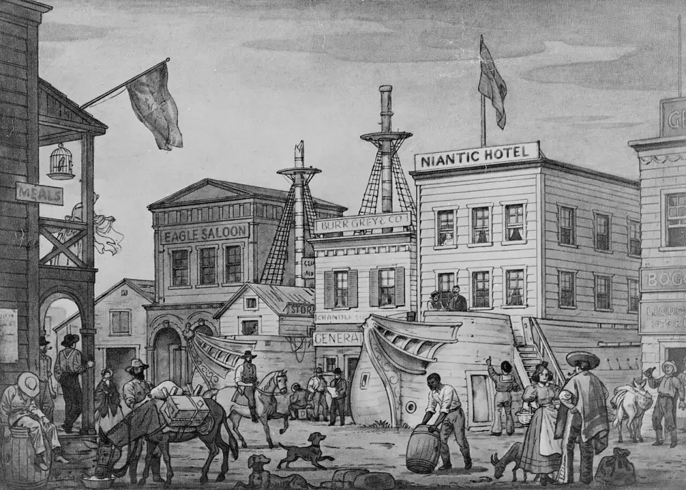 Grabado del almacén flotante Niantic y el Niantic Hotel hacia 1850