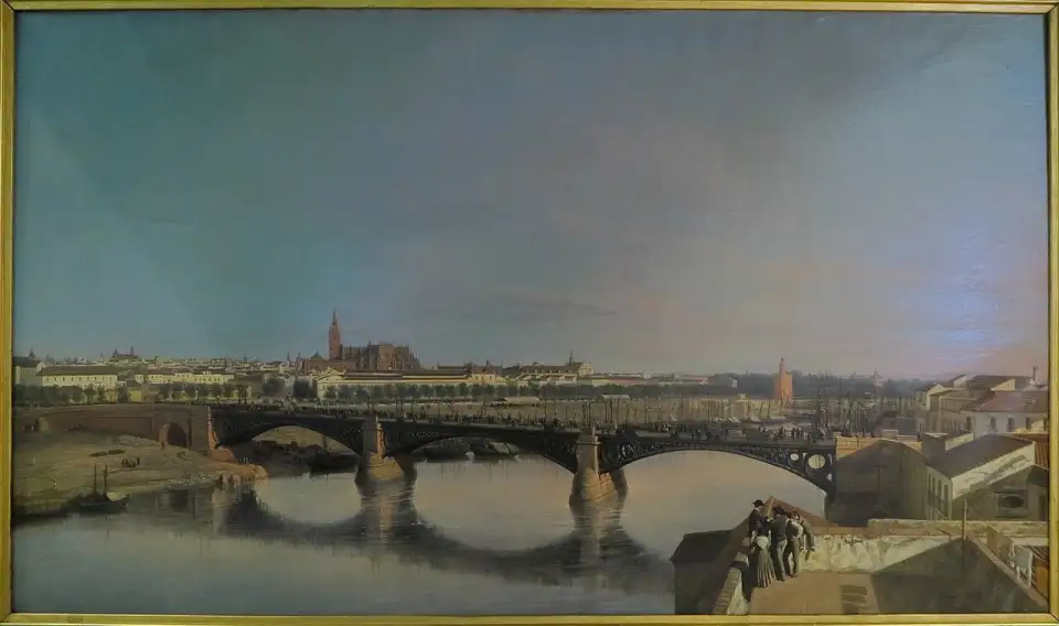 Pintura de Manuel Barrón de 1862 con el puente de Triana y Sevilla al fondo