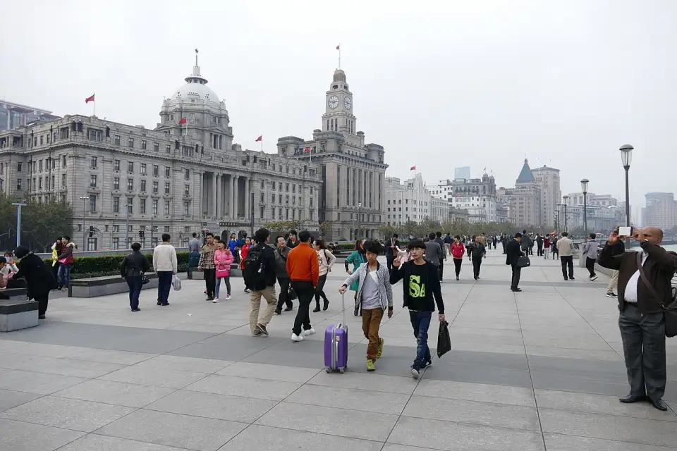 The old HSBC Building with its dome and the Custom House clock tower, from the Bund promenade