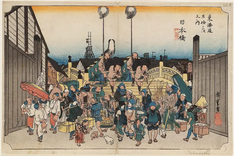 Gravura de Hiroshige da ponte Nihonbashi ao amanhecer