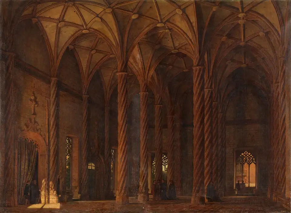 Peinture du XIXe siècle de la salle des contrats de la Lonja, avec ses colonnes torsadées