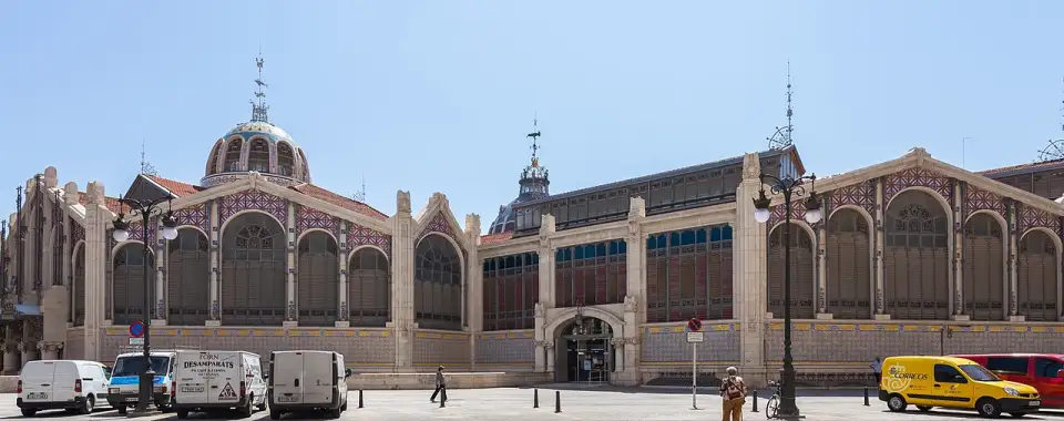 Modernista façade of Valencia's Central Market with its domes