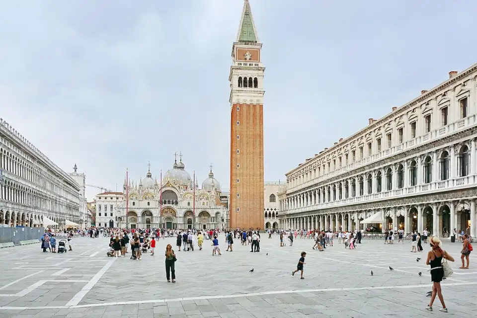 St Mark's Square with the basilica at the far end and the brick bell tower