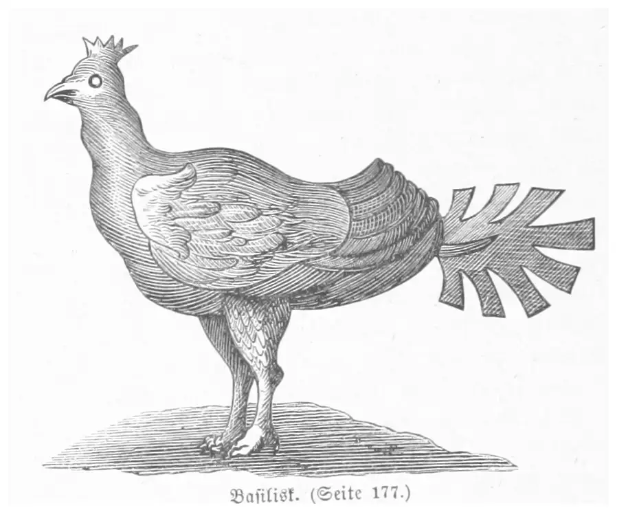 Grabado del siglo XIX de un basilisco con cuerpo de gallo y cresta en forma de corona