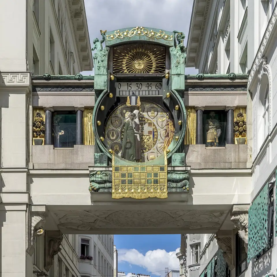 The green and gold Anker Clock on the bridge over Bauernmarkt street